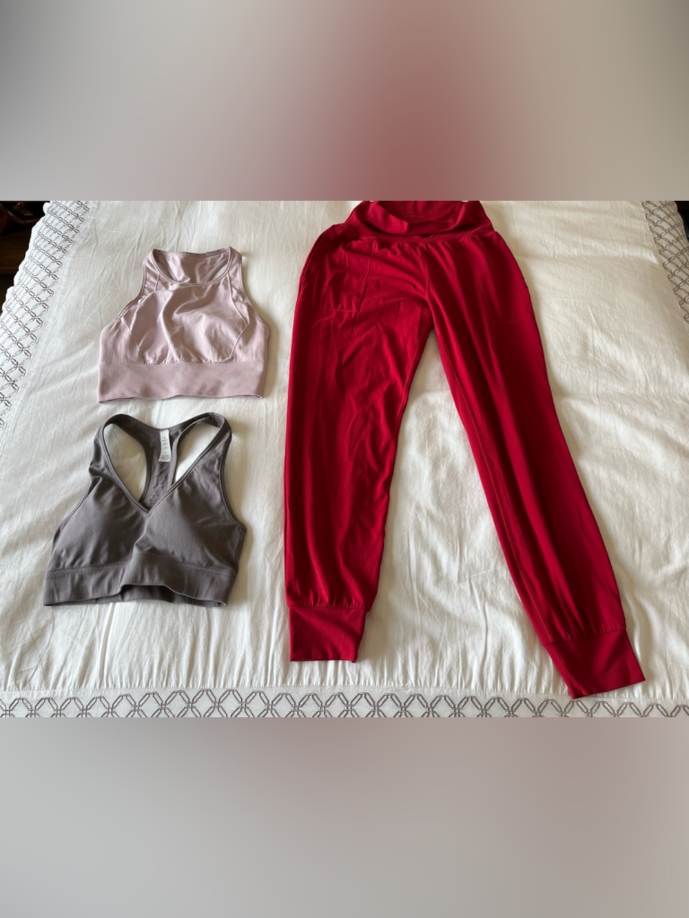 Athleta Red Joggers with Lululemon Gray and Light Pink Sports Bras